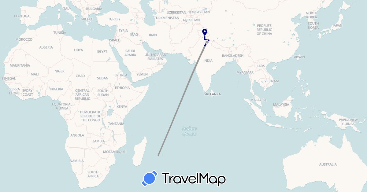 TravelMap itinerary: driving, bus, plane, hiking in India, Réunion (Africa, Asia)
